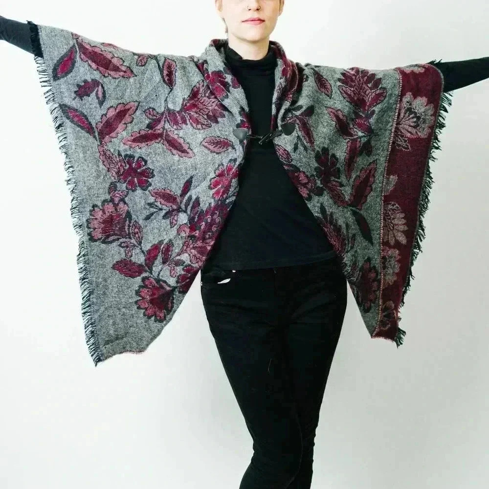 Floral Shaw Afgan Blanket Poncho - Picture 7 of 9